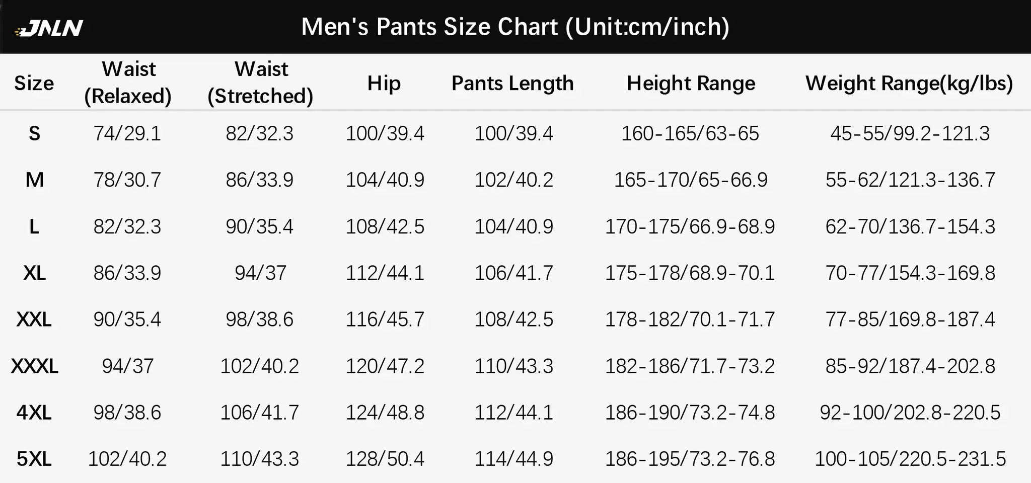 JNLN men's hiking pants size chart (cm/inch) showing waist, hip, pants length, height and weight ranges from S to 5XL.