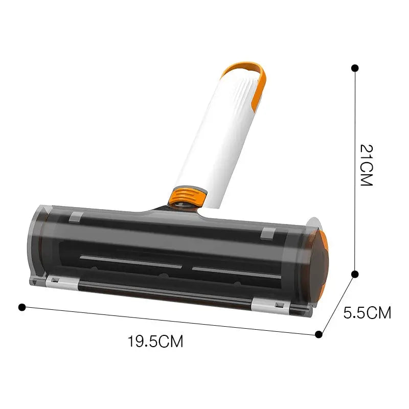 Multifunctional pet hair remover roller with white handle and orange accents; washable, portable dog and cat hair tool.