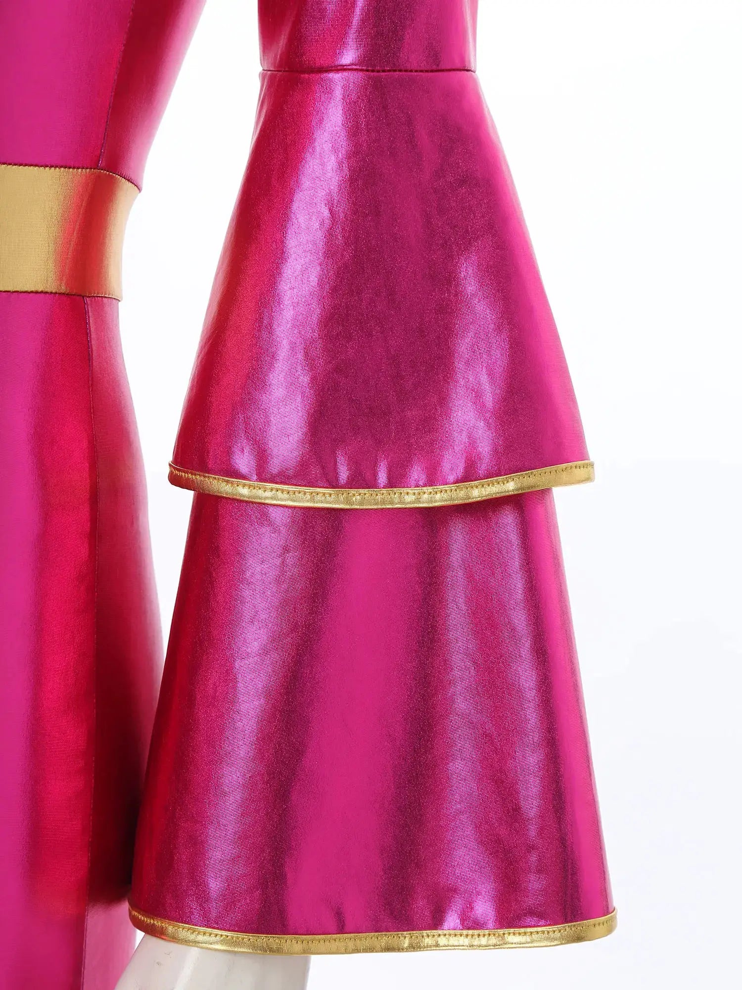 Women's metallic pink jumpsuit sleeve with gold trim hem, 70s disco style