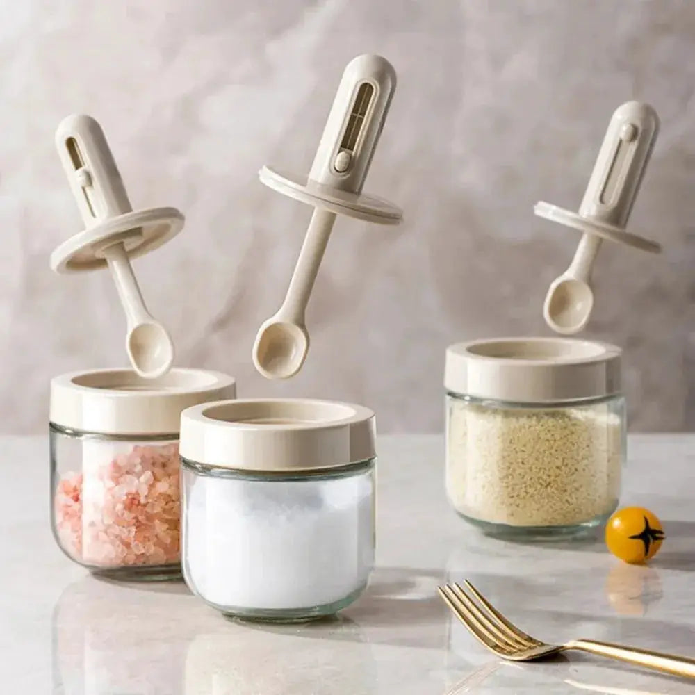 Glass Seasoning Bottle With Telescopic Spoon Leak Proof Moisture Proof Salt Storage Box For Kitchen