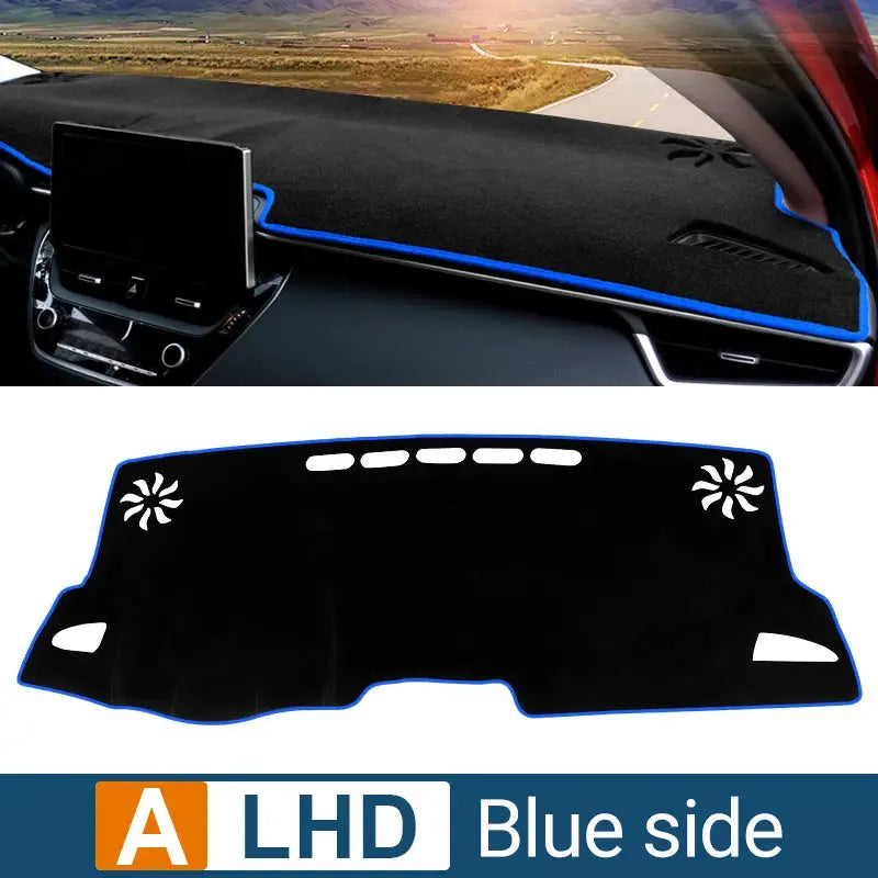 Dashboard sun shade mat for Toyota Corolla E210, black with blue edge, non-slip by Simples Market
