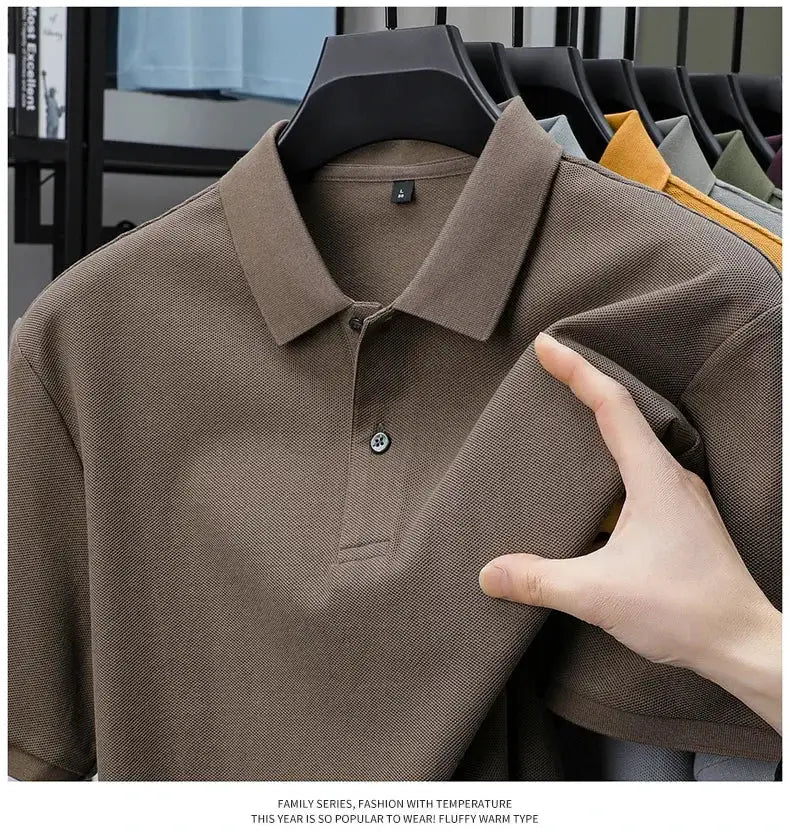 Men's 100% cotton polo shirt in brown taupe with a silk-like finish, on a hanger