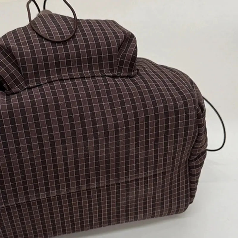 Korean nylon shoulder bag in brown plaid with zipper, tote-style crossbody for daily commuting