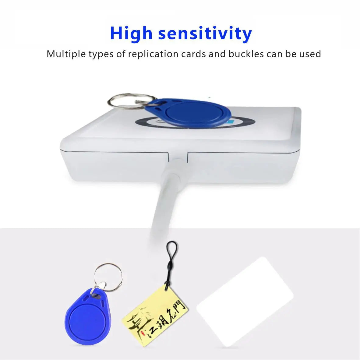 ACR122U RFID card reader from Simples Market with white body, blue NFC key fob, yellow ID tag, and blank white card