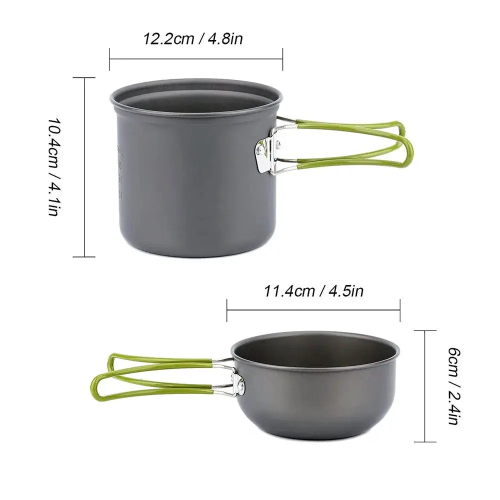 Simples Market ultralight camping cookware mess kit, gray pot and bowl with green foldable handles (set of 2)
