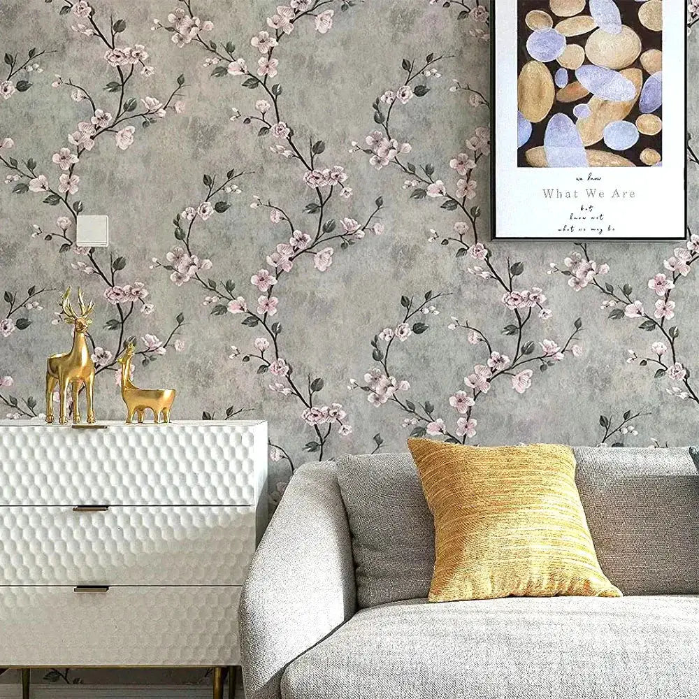 Floral grey peel-and-stick wallpaper with pink blossoms; self-adhesive, waterproof, removable decor