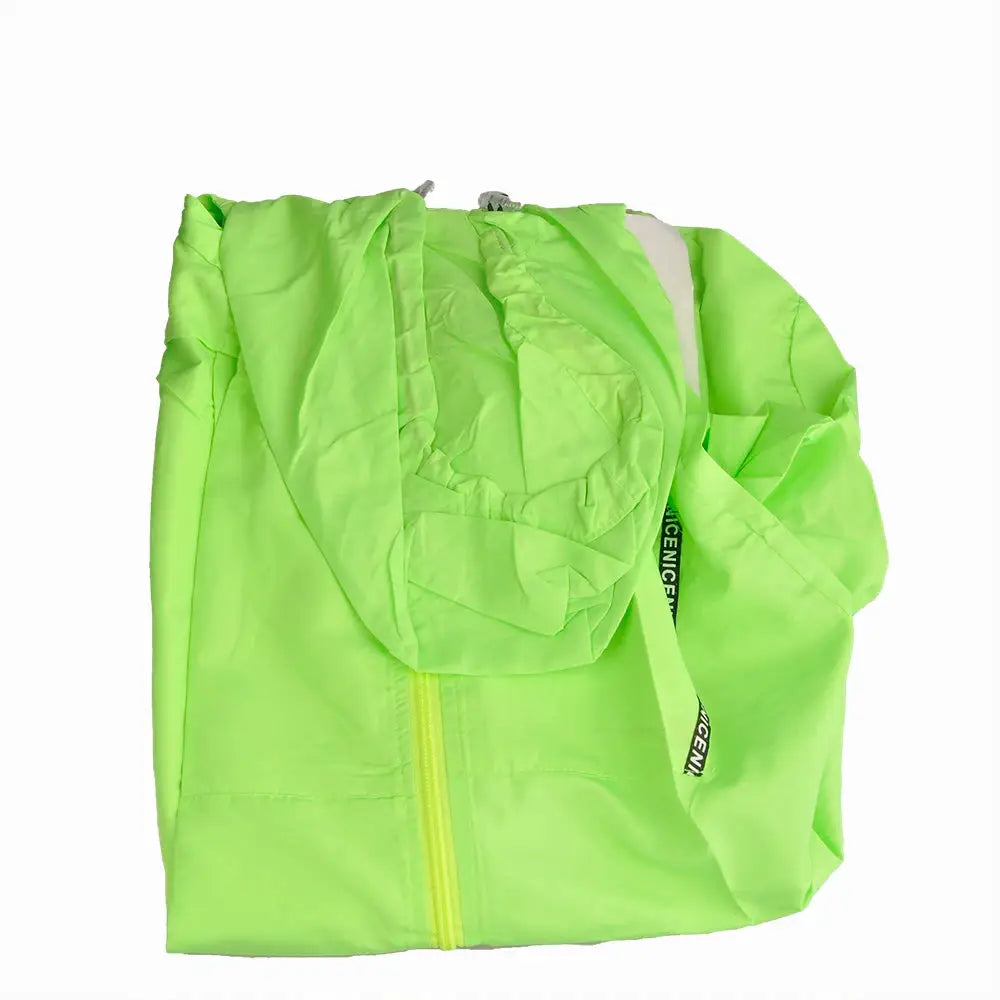 Men's neon green sun-protection cycling jacket with hood and front zipper