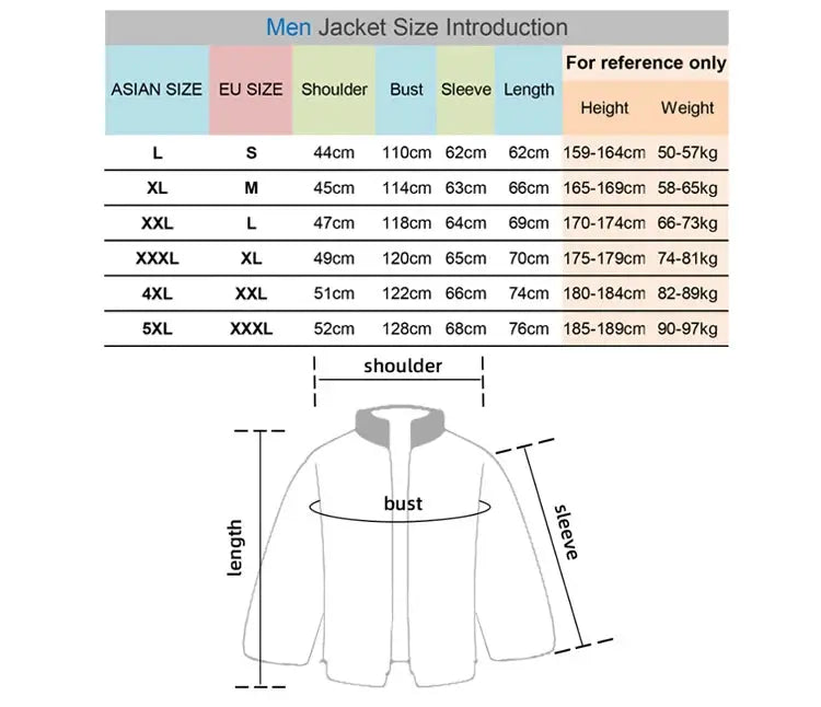 TRVLWEGO men's black waterproof hiking jacket with windbreaker and size chart diagram
