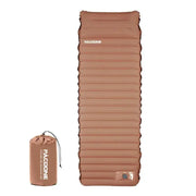 Ultralight self-inflating air mattress sleeping pad, brown ribbed design; two-piece set with compact carry bag.