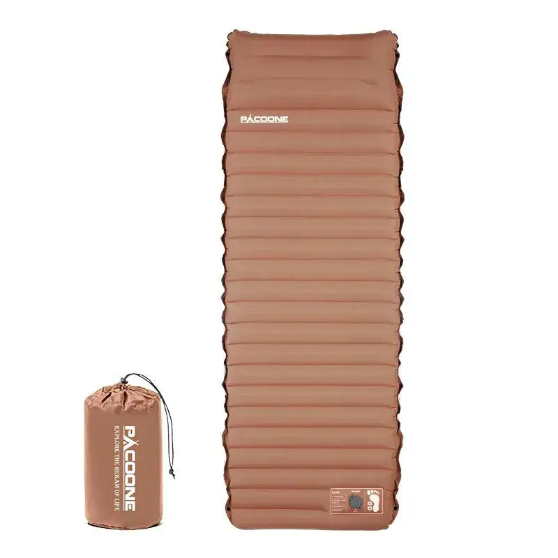 Ultralight self-inflating air mattress sleeping pad, brown ribbed design; two-piece set with compact carry bag.