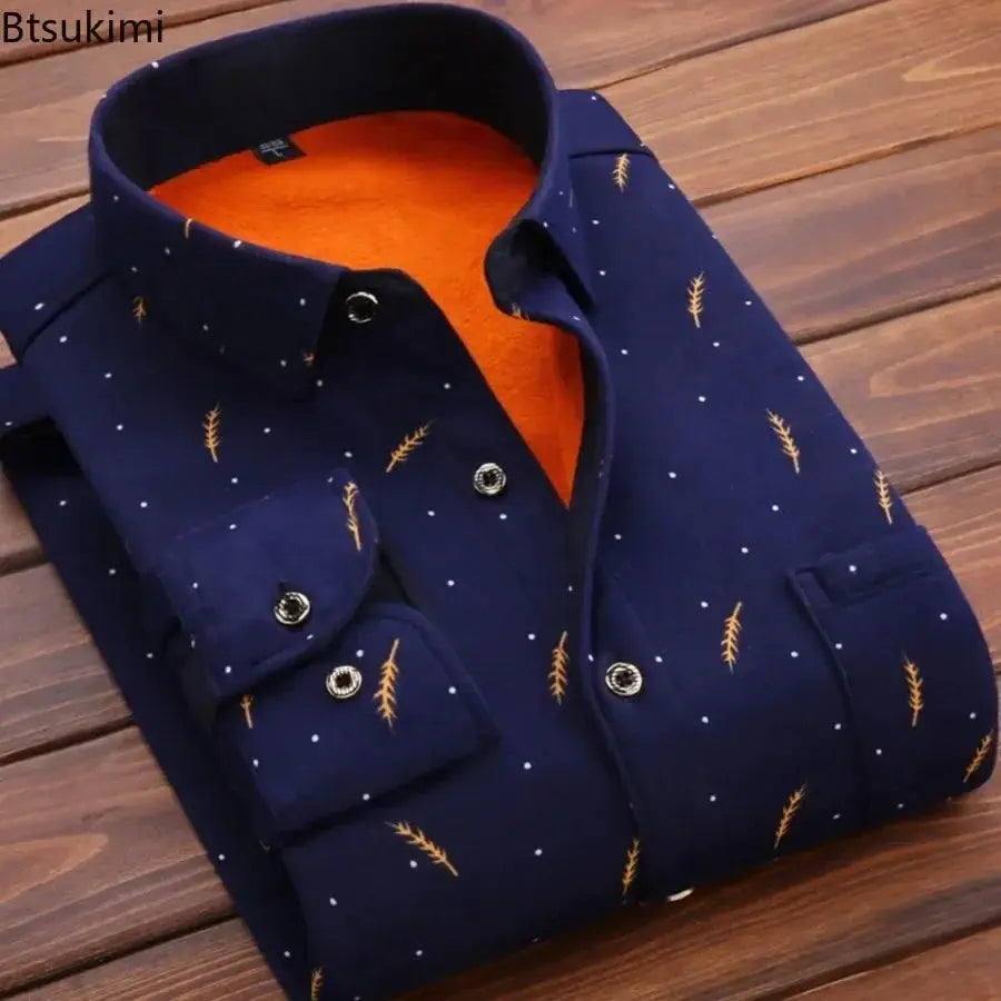 Men's navy long-sleeve casual warm shirt with orange inner lining and white speckled wheat motif