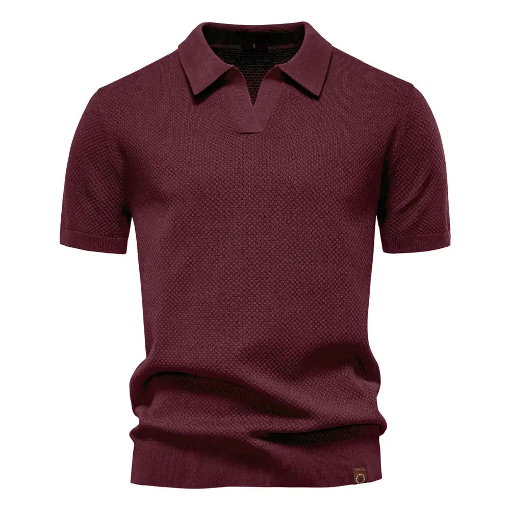 Simples Market burgundy men's collared polo shirt with textured knit fabric and short sleeves
