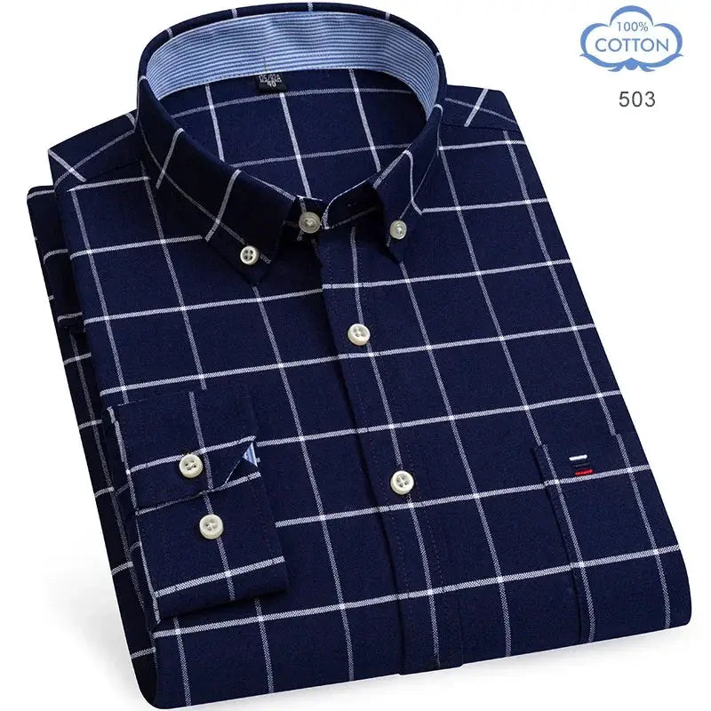 Men's navy Oxford shirt, 100% cotton, long sleeves with white windowpane plaid