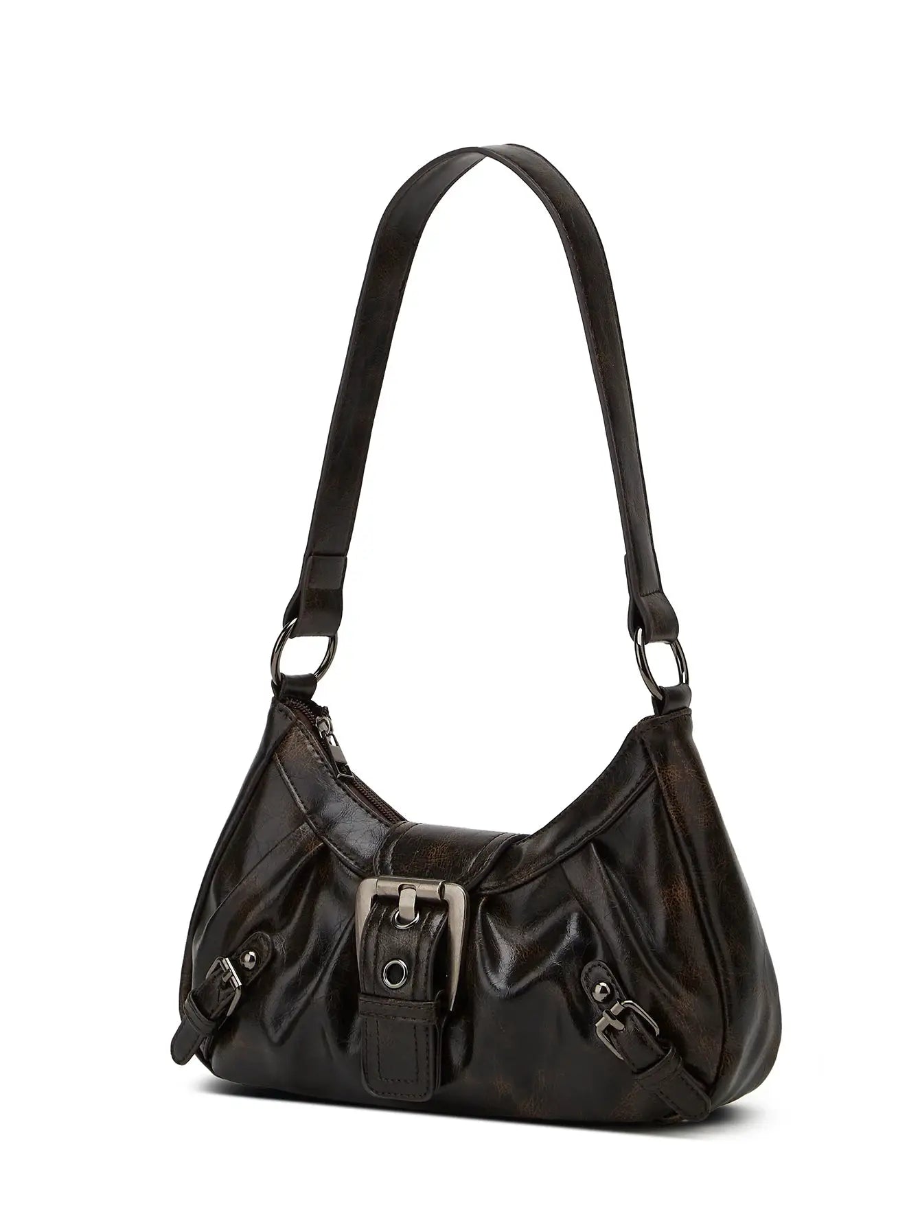 Y2K retro leather shoulder bag in dark brown with buckle straps and rivet hardware