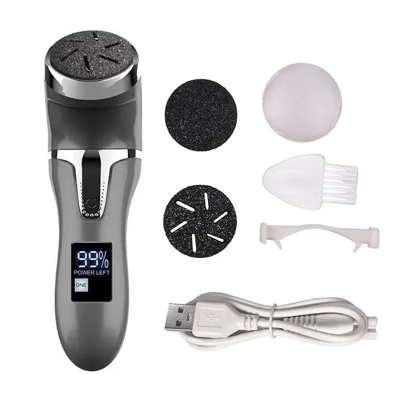 Electric pedicure tool by Simples Market with USB cable, gray body, and multiple sanding discs plus cleaning brush