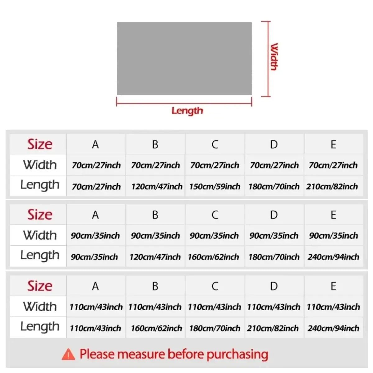 Heavy Non-Slip Sofa Protector Classic by Simples Market; chenille fabric with decorative stitching; size chart shows A–E