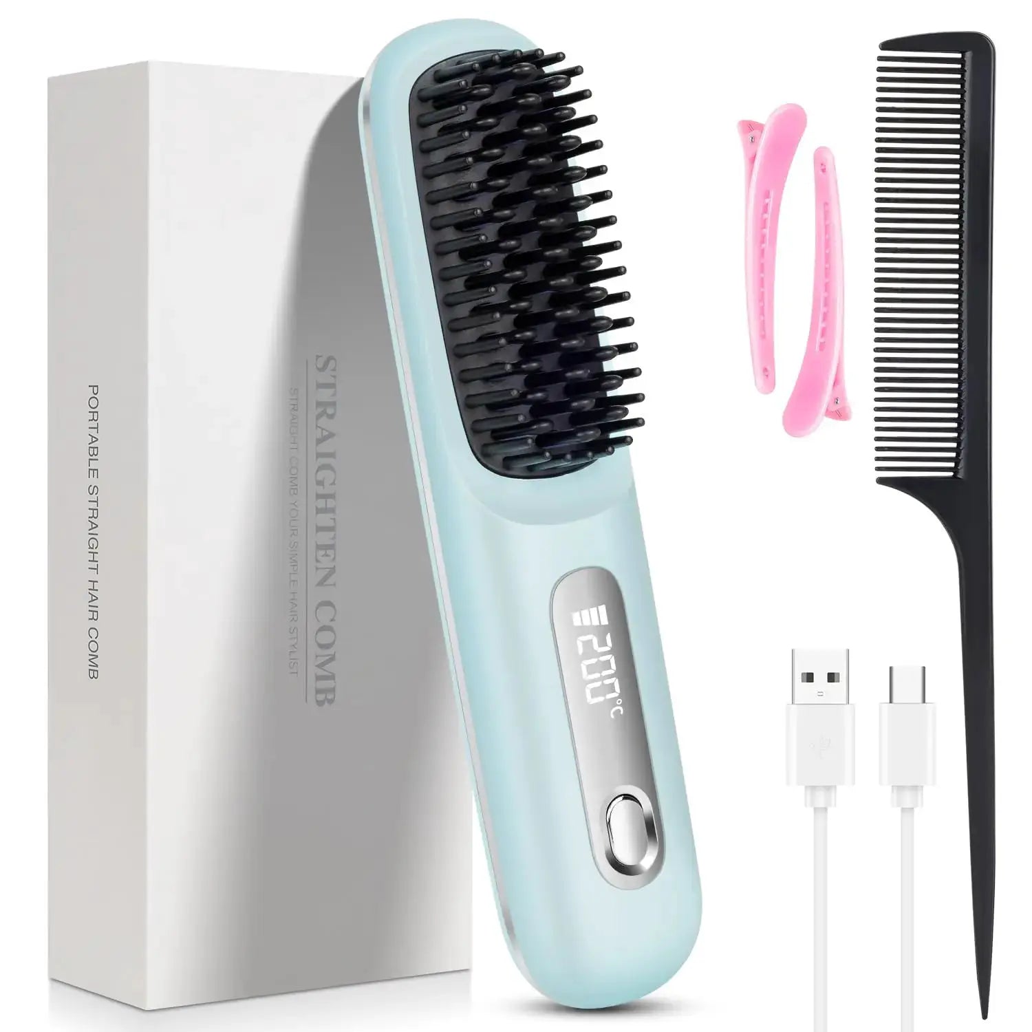 USB charging portable hair straightener brush kit by Simples Market, blue, cordless with LED display