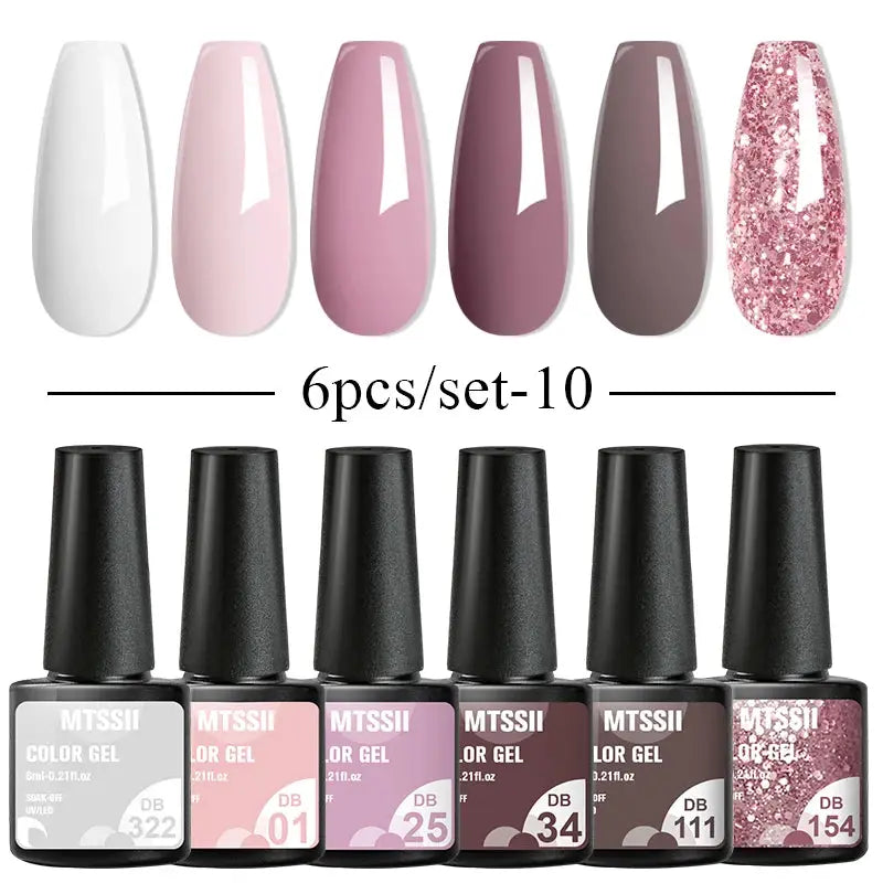 Gel nail polish set by Simples Market, 6-piece color gel bottles in white, pink, mauve and pink glitter shades