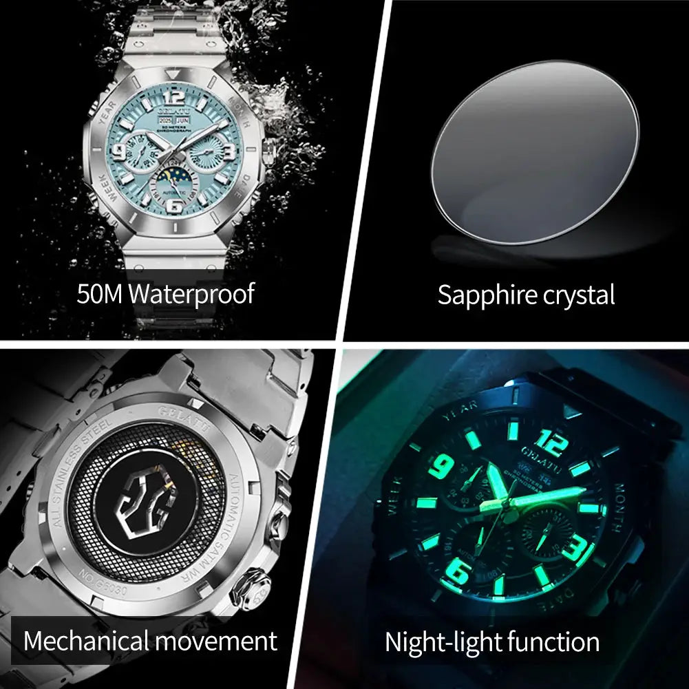 GELATU men's diving automatic mechanical wristwatch; moon phase, 50M waterproof, sapphire crystal