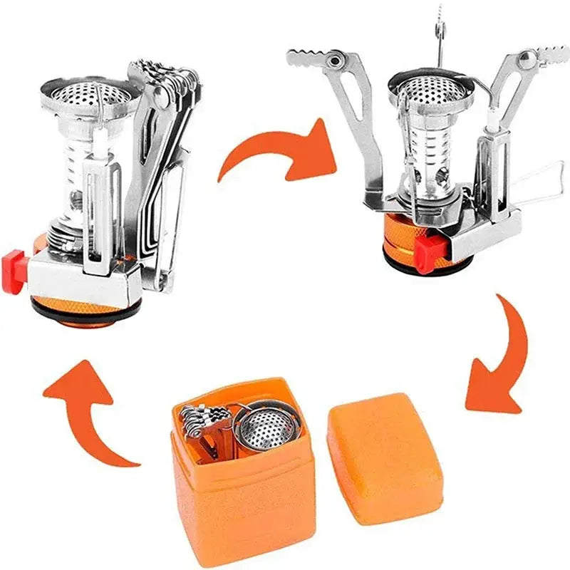 Portable gas camping stove with folding aluminum alloy frame and orange carry case