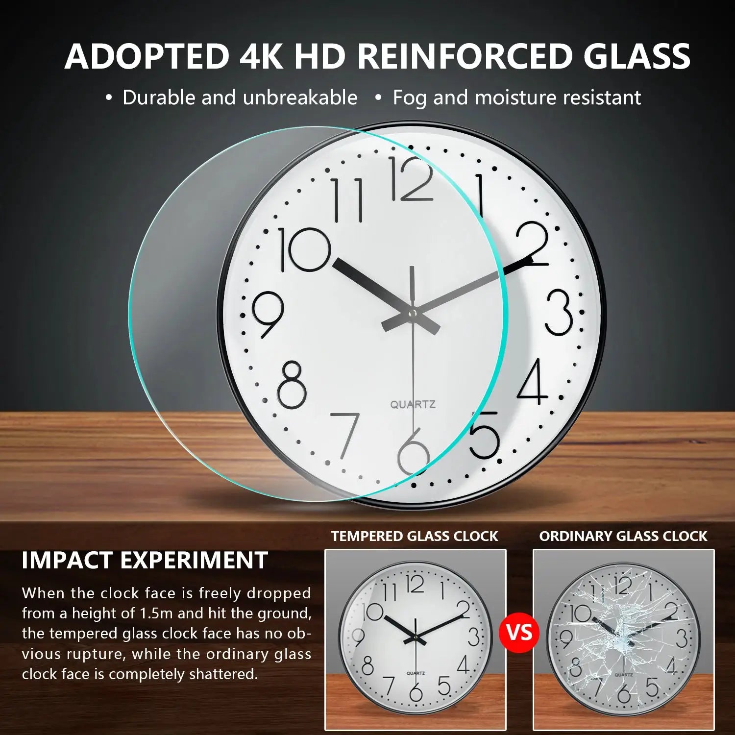 Modern minimalist wall clock with tempered glass, white dial, black numerals and hands for living room decor