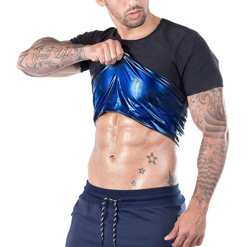 Pop Closets sauna shirt for men; metallic blue short-sleeve compression workout top by Simples Market