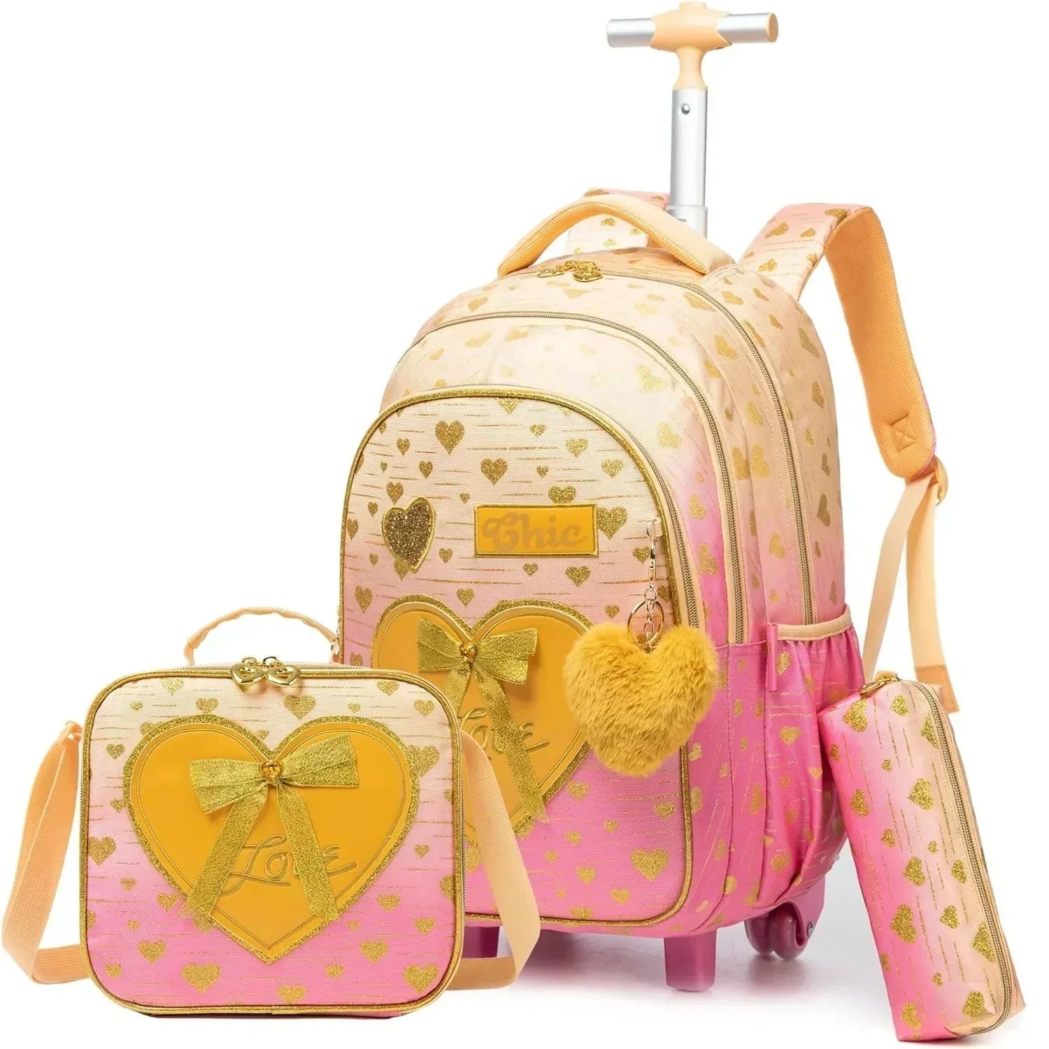 Simples Market children's wheeled backpack set in pink and gold with hearts, includes lunch box
