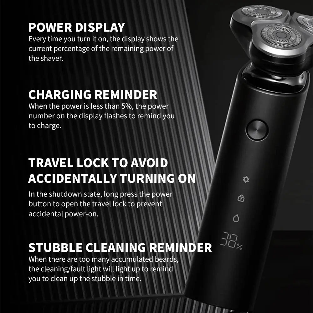 MIJIA S500 electric shaver in black with triple blade, floating head, and digital power display.