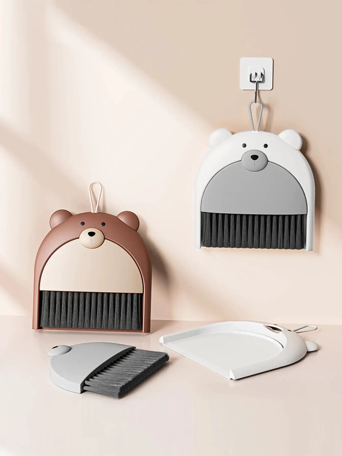 Two bear-shaped broom dustpan sets by Simples Market, brown and white, desktop mini foldable