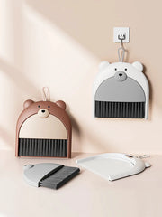 Two bear-shaped broom dustpan sets by Simples Market, brown and white, desktop mini foldable