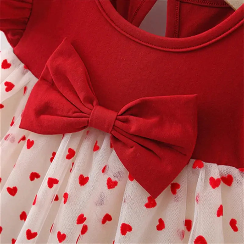 Red Baby Girl Dress With Heart Embroidery Mesh Bow Tutu For Birthday Party Dress