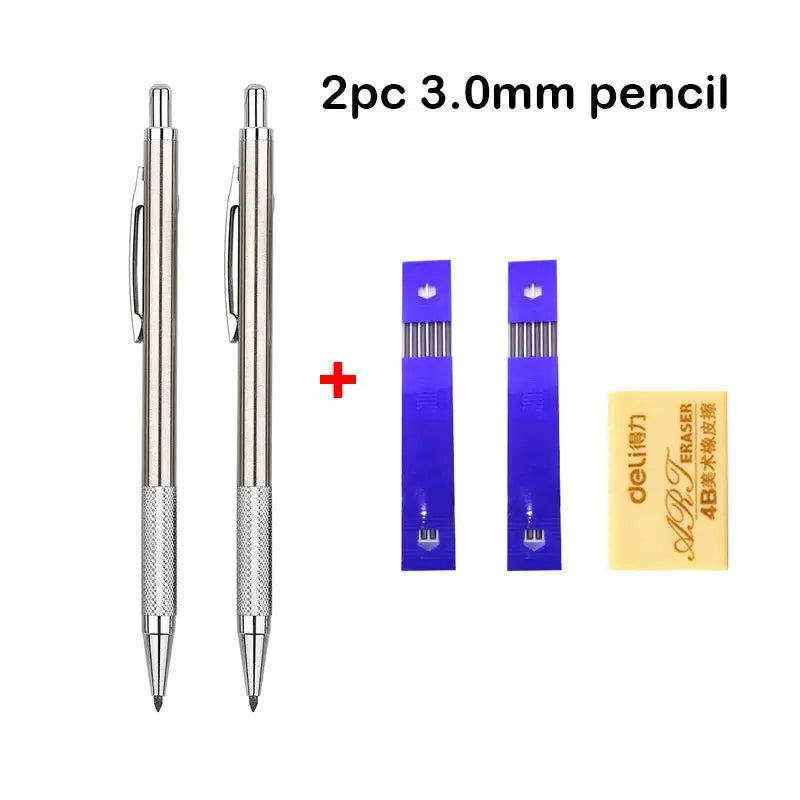 Simples Market mechanical pencil set, full-metal silver pencils, 2 pcs with blue lead refills and eraser