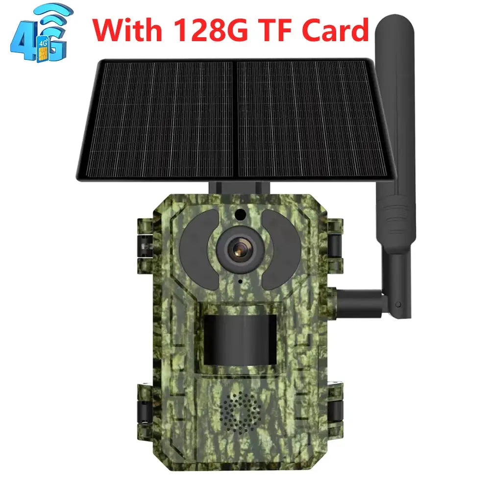 Trail camera by Simples Market with camouflage finish, solar panel, 4G cellular, 2K video, IP65 outdoor