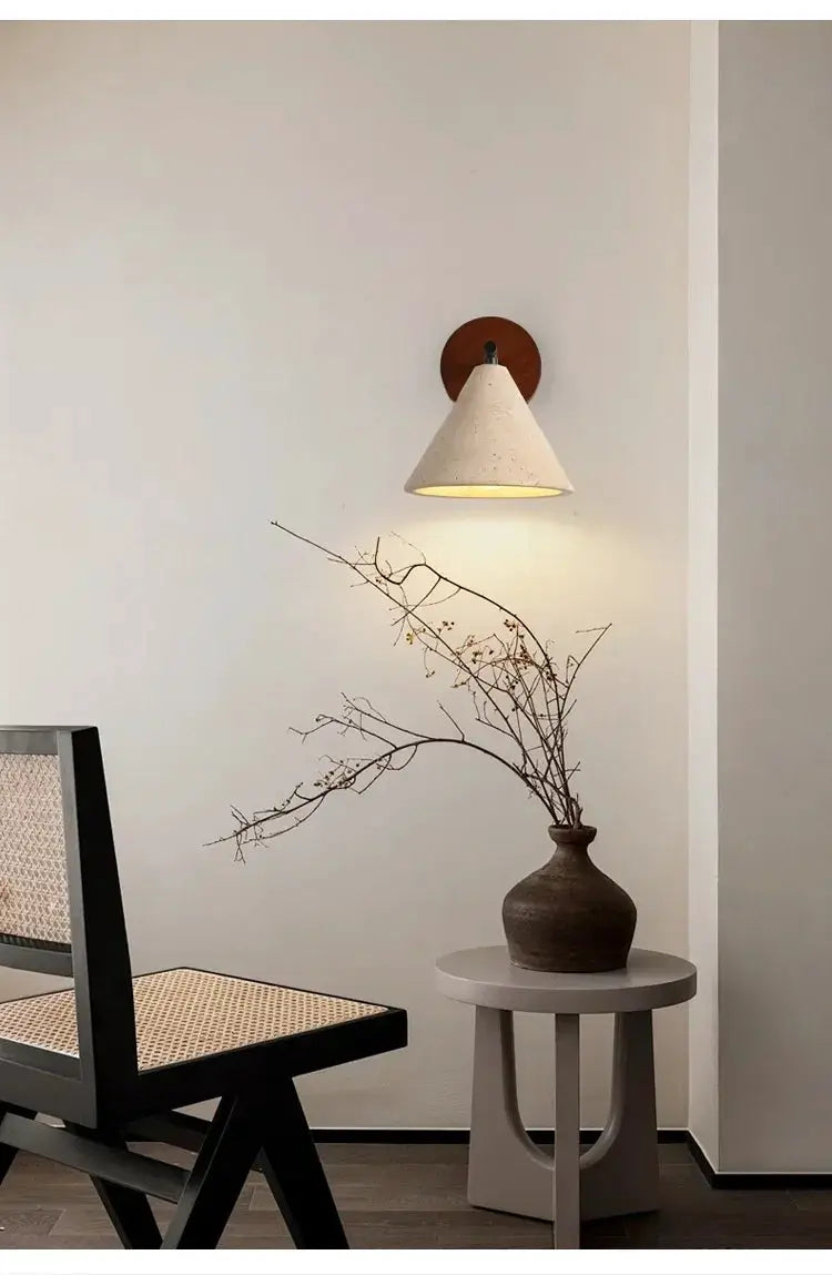 Natural stone travertine wall lamp by Simples Market, conical cream shade, warm LED