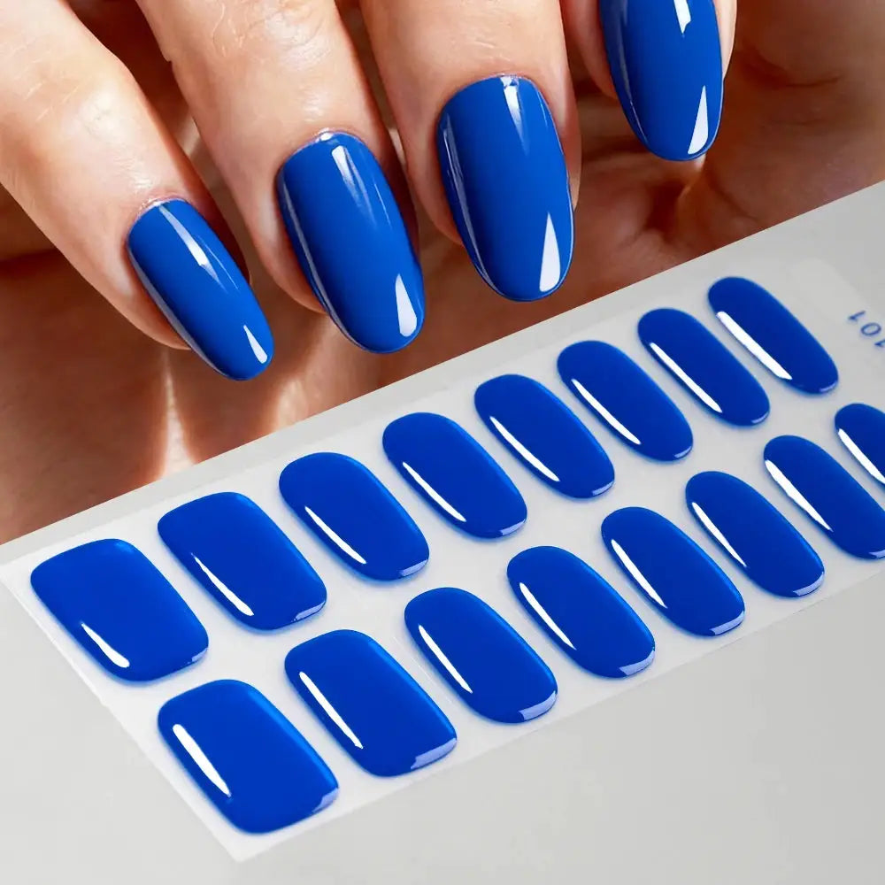 Nail sticker sheet with glossy royal blue full-cover decals for manicure