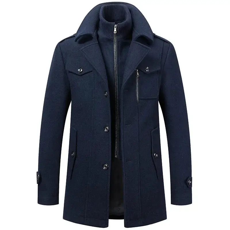 Men's navy wool-blend trench coat with stand collar, zipper and button closures, multiple pockets.