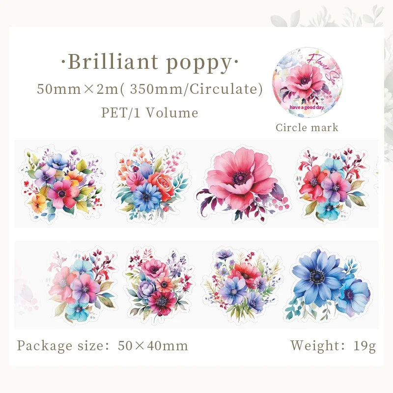 Mr.paper PET washi tape Flower Garden Series by Simples Market; 8 floral designs, 50mm x 2m