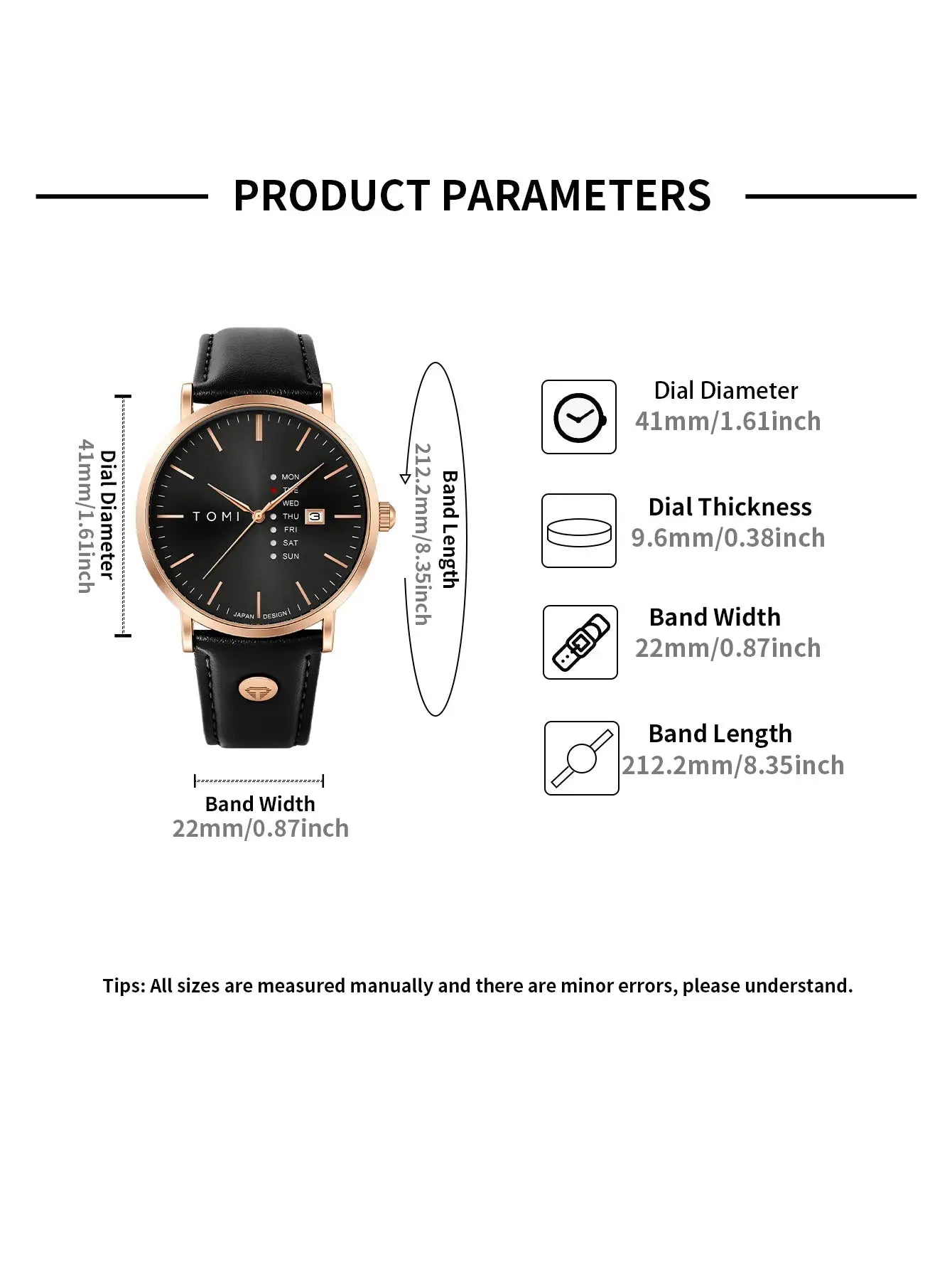 TOMI Trendy Men's Watch by Simples Market, black dial with rose-gold case, leather strap, weekday calendar