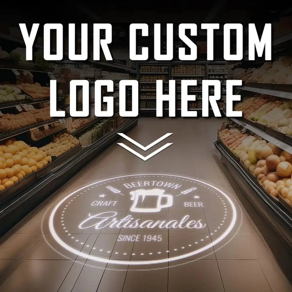 Custom Gobo projector light with white LED projecting a circular store logo onto the floor for shop entrances
