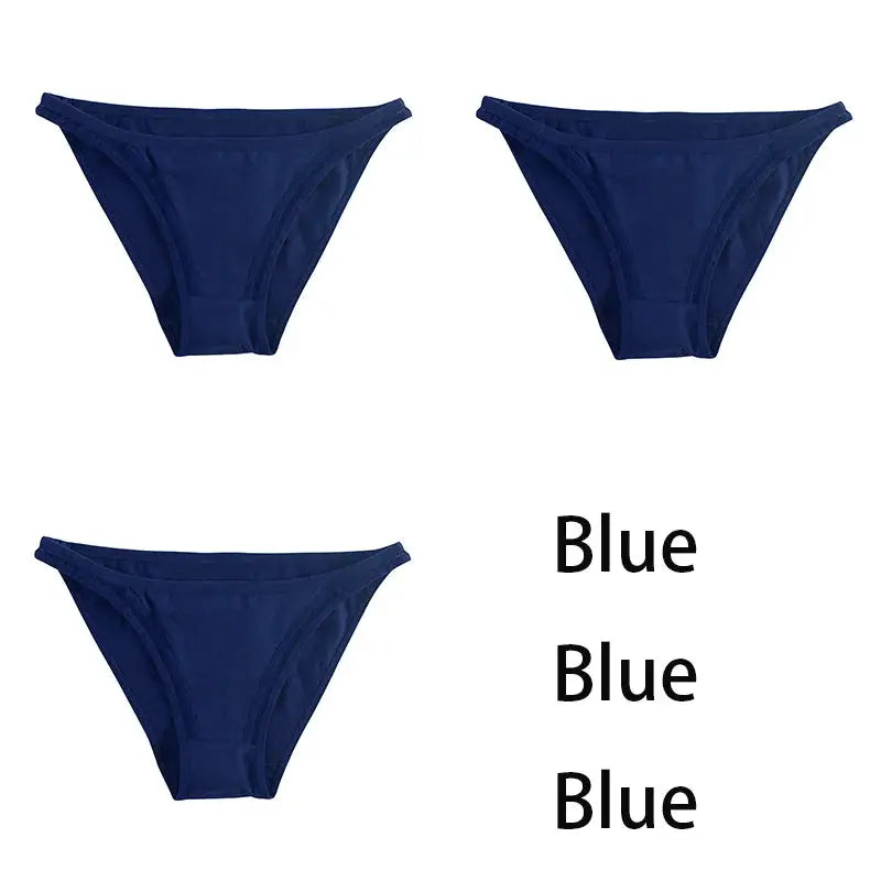 3-piece solid blue cotton bikini briefs set for women