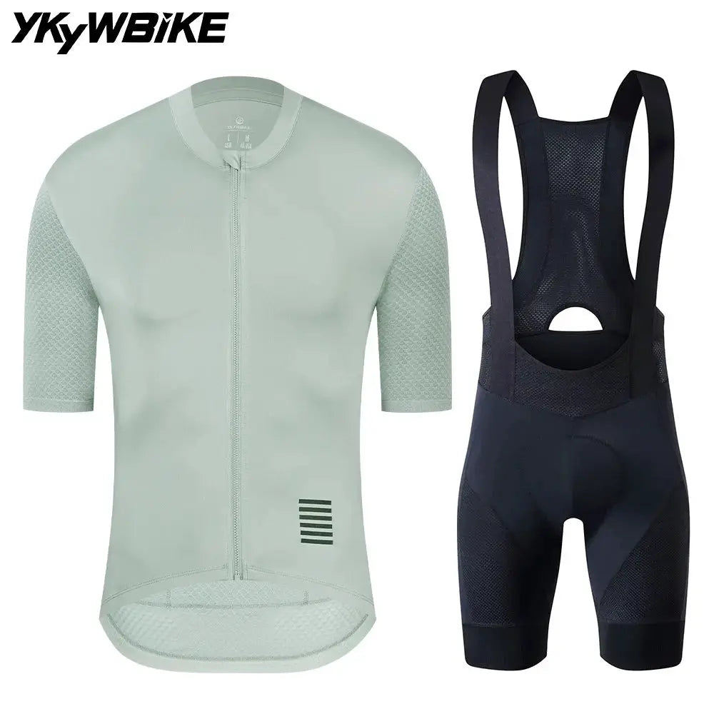 YKYWBIKE cycling jersey set: mint green short-sleeve zip jersey with black bib shorts