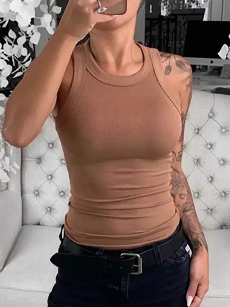 Women Solid Ribbed Round Neck Tank Top Camisole Elastic Summer Basic Polyester Elastane