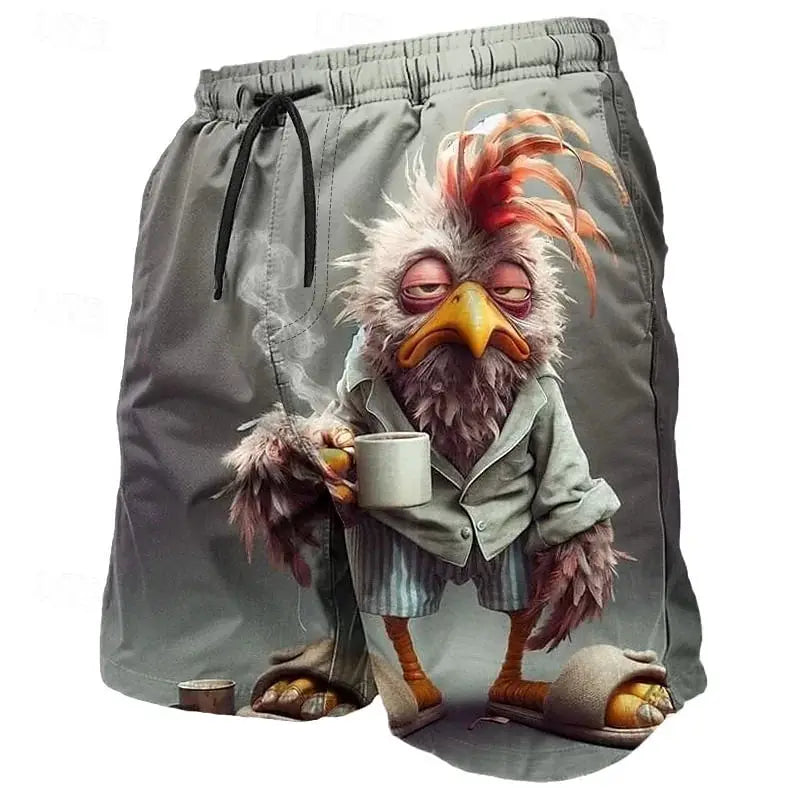 Simples Market men's 3D animal-pattern beach shorts in gray with a rooster character print holding a mug