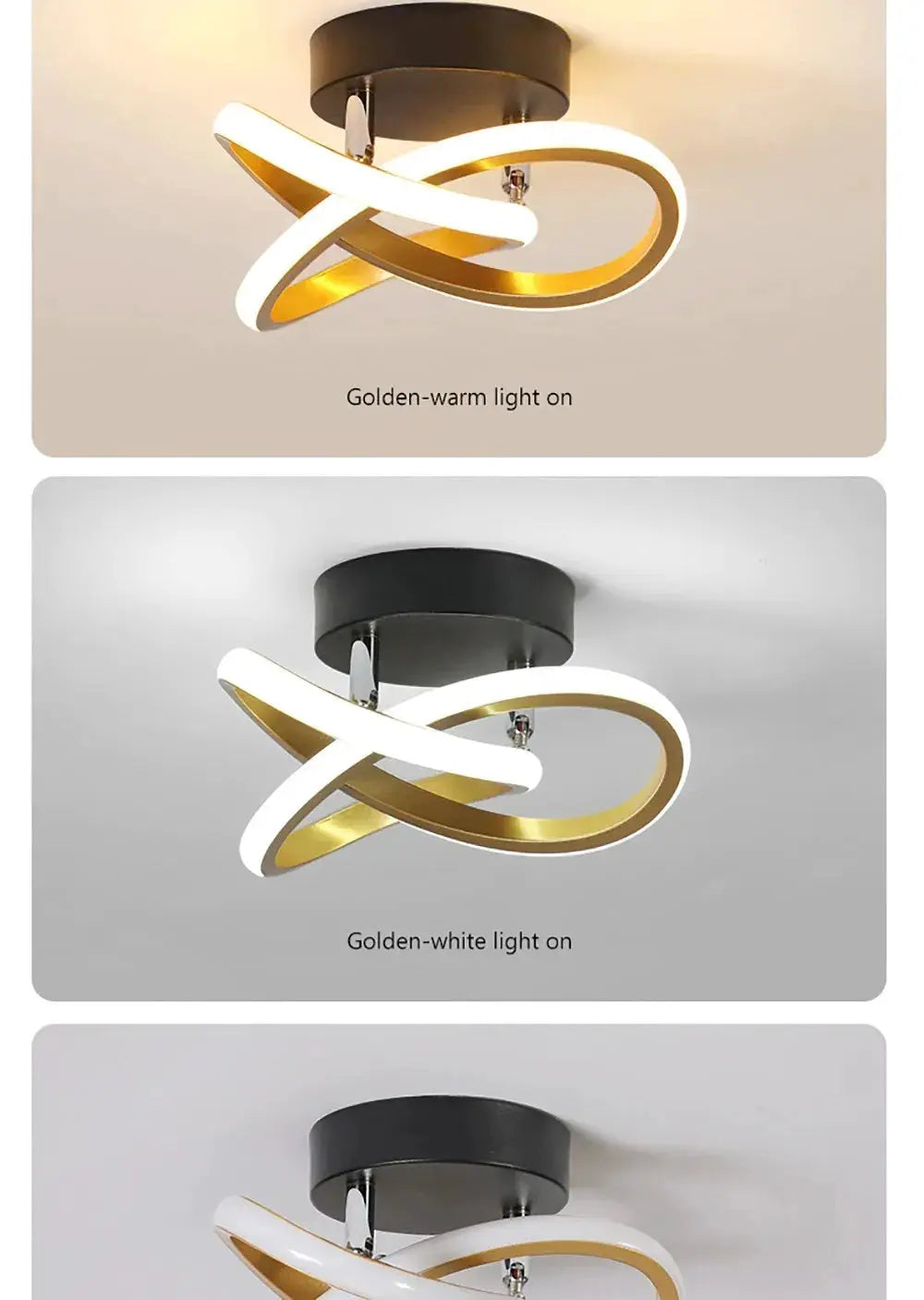 LED strip ceiling light with black mount and intertwined golden and white loops, modern minimalist fixture by Simples Market.