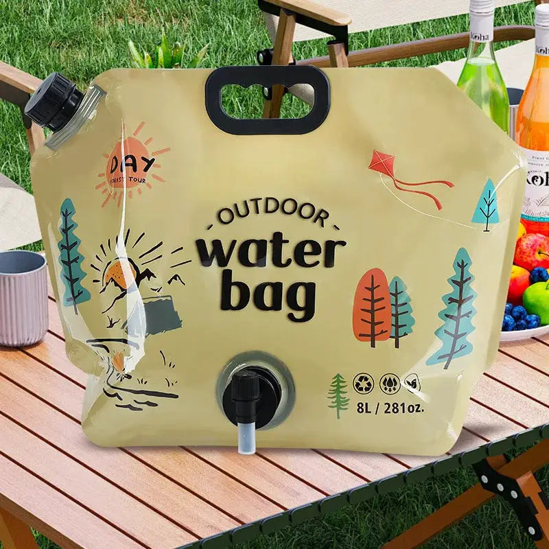 Collapsible outdoor water bag with spigot, pale-yellow, 8L capacity.