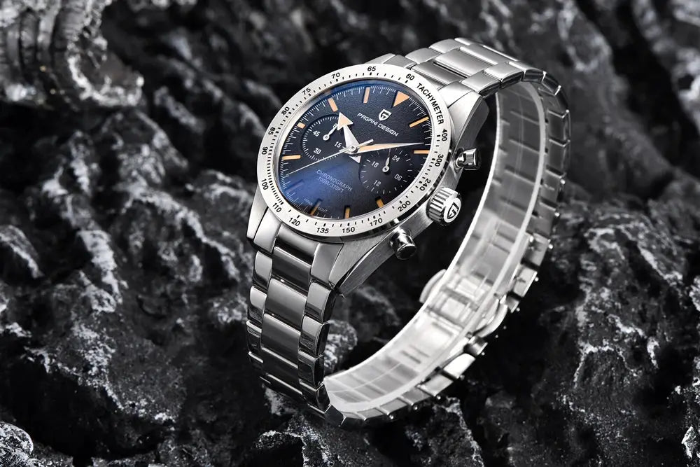 PAGANI DESIGN stainless steel men's chronograph watch with blue dial, sapphire crystal, tachymeter bezel.