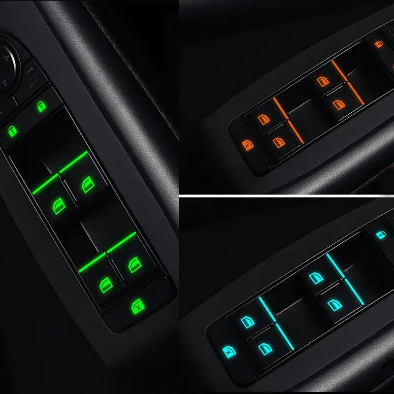Car luminous door window lift button stickers set; 18Pcs from Simples Market for car interior panels in green, orange and cyan