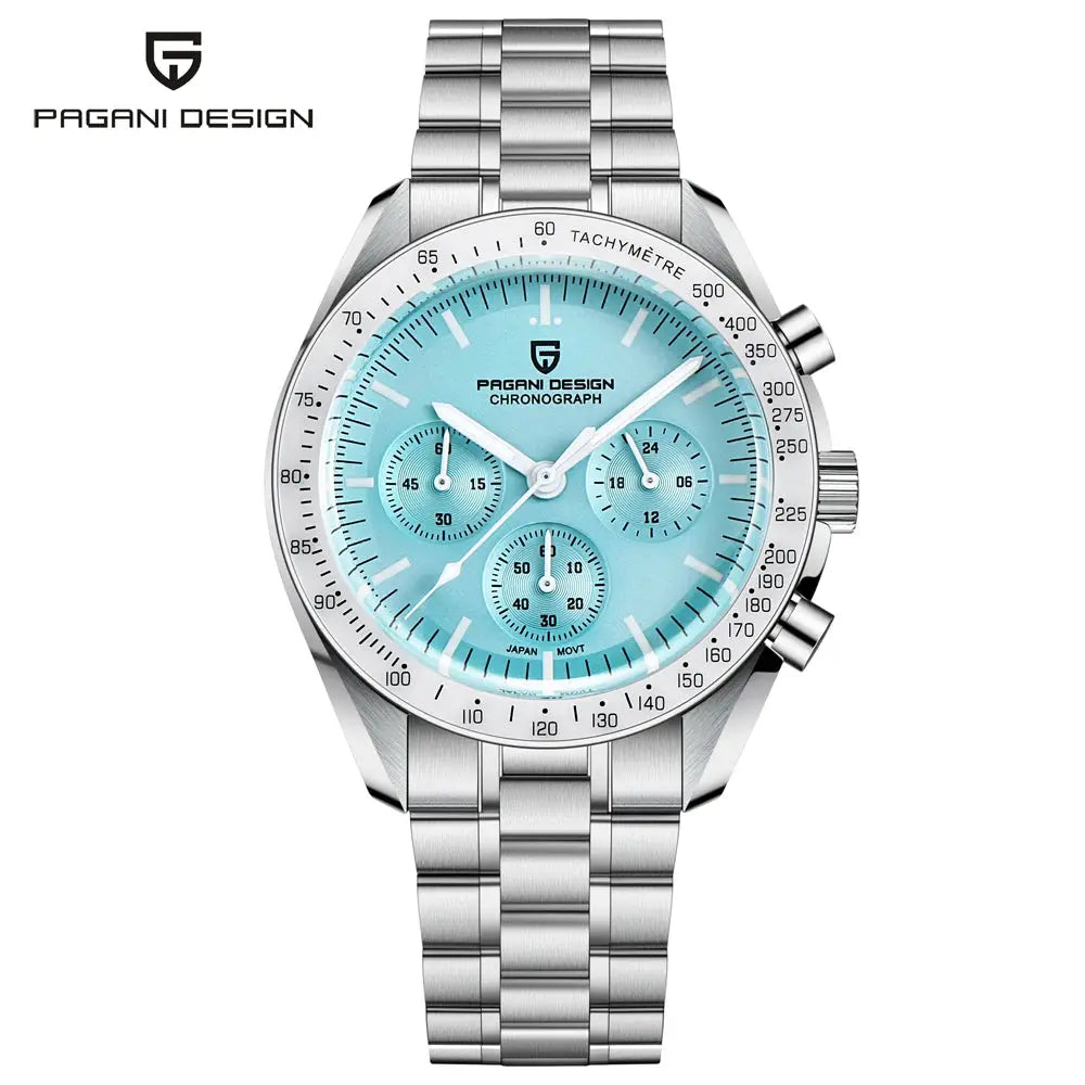 Pagani Design men's chronograph watch with light blue dial and stainless steel bracelet, tachymeter bezel.