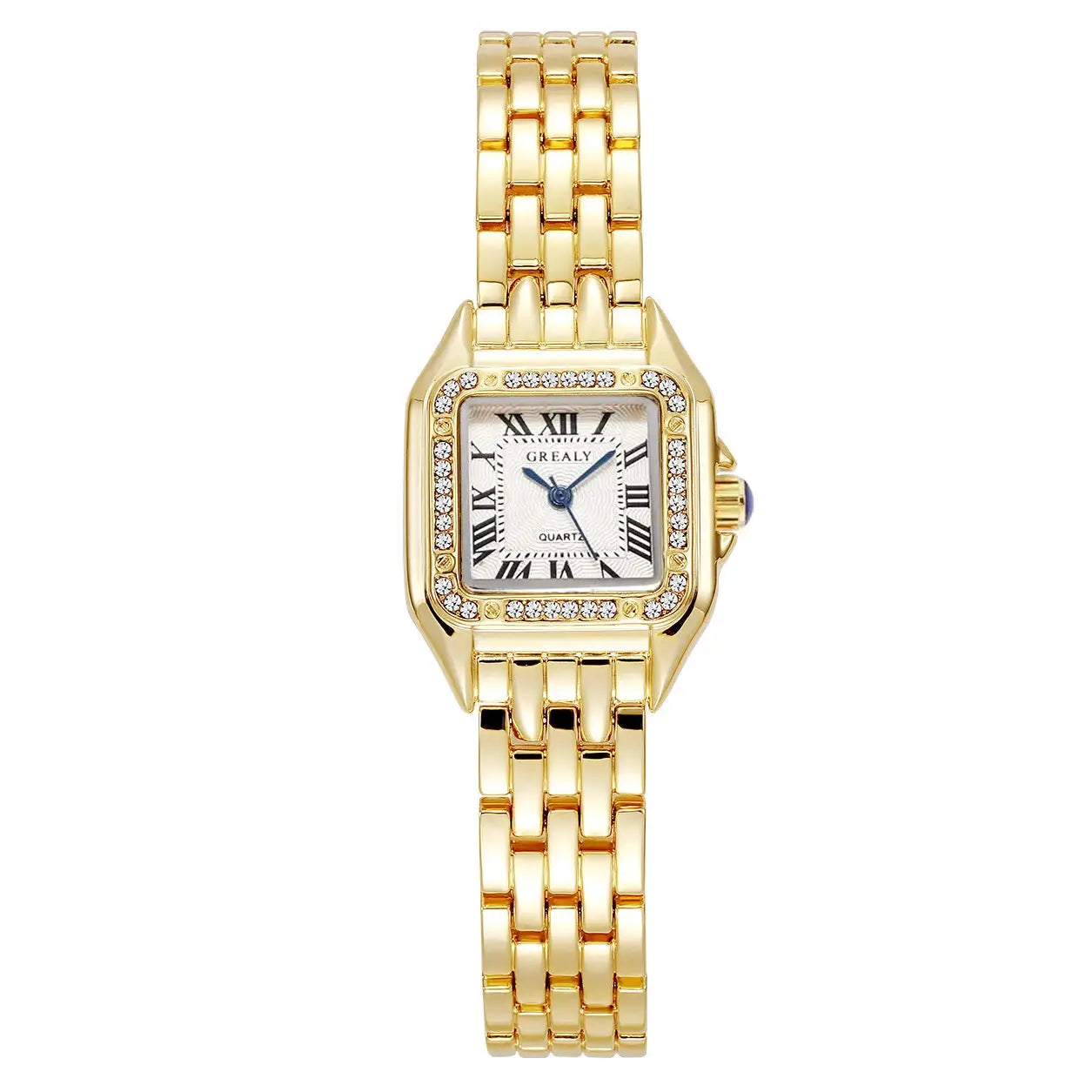 Gold-tone GREALY women's square quartz watch with rhinestone bezel and linked bracelet
