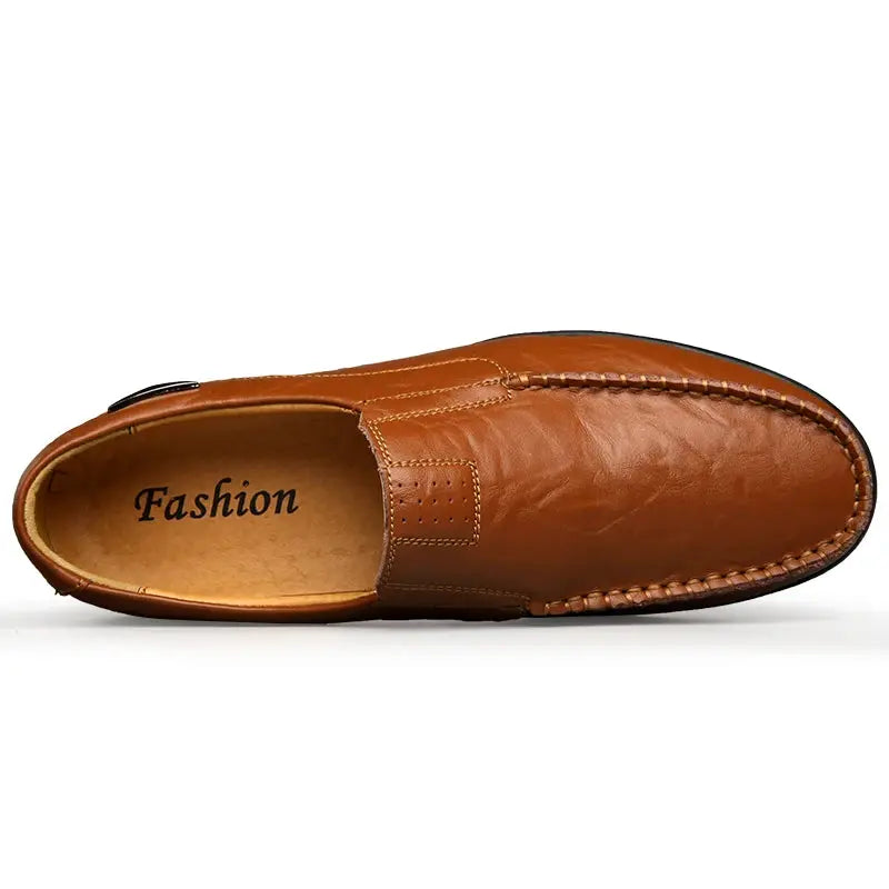 Men's brown genuine leather loafers slip-on moccasin with visible stitching, top view